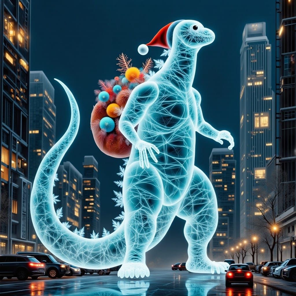 <lora:Flux Photogram 6:1.0> A Translucent  Godzilla  hologram wearing a Santa hat carrying  a sack of toys  projected  f...
