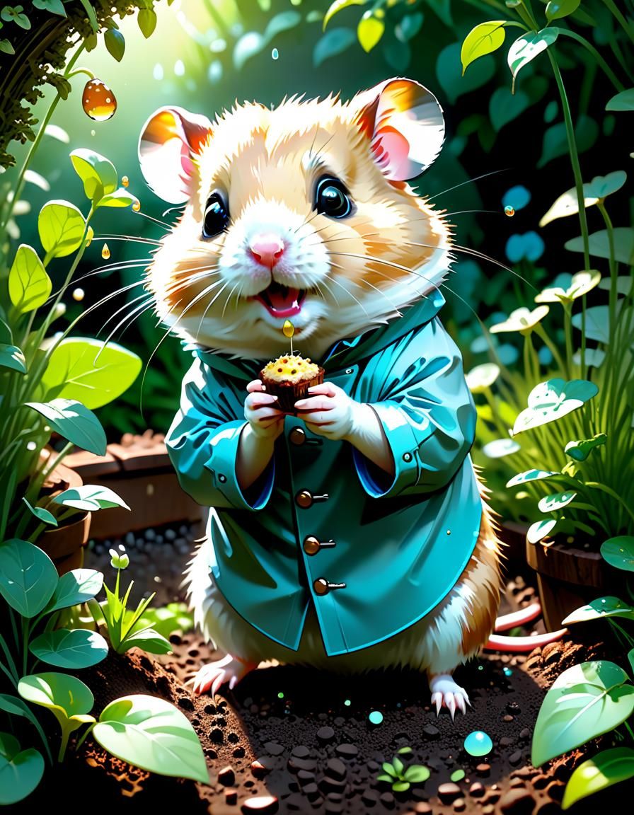 Hamster Baker in Garden: Digital Art Illustration