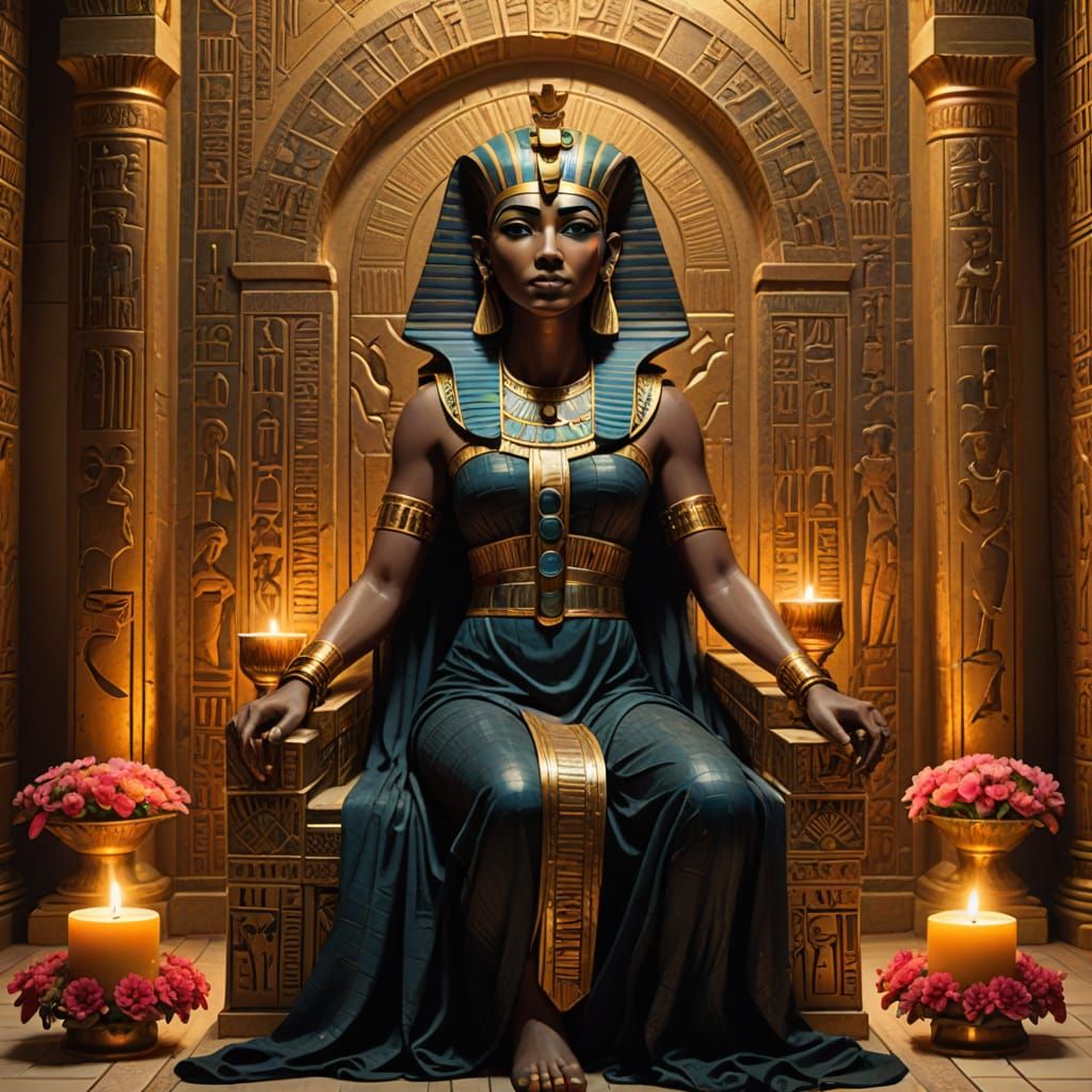 Cleopatra on Throne in Palace: Ancient Egyptian Art
