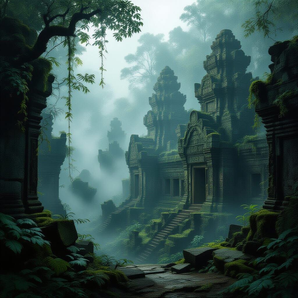 Ancient Jungle City Lost in Fog and Vines