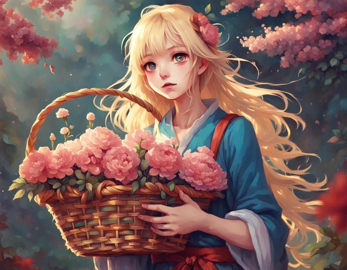 Anime Girl with Flowers: Detailed Fantasy Art