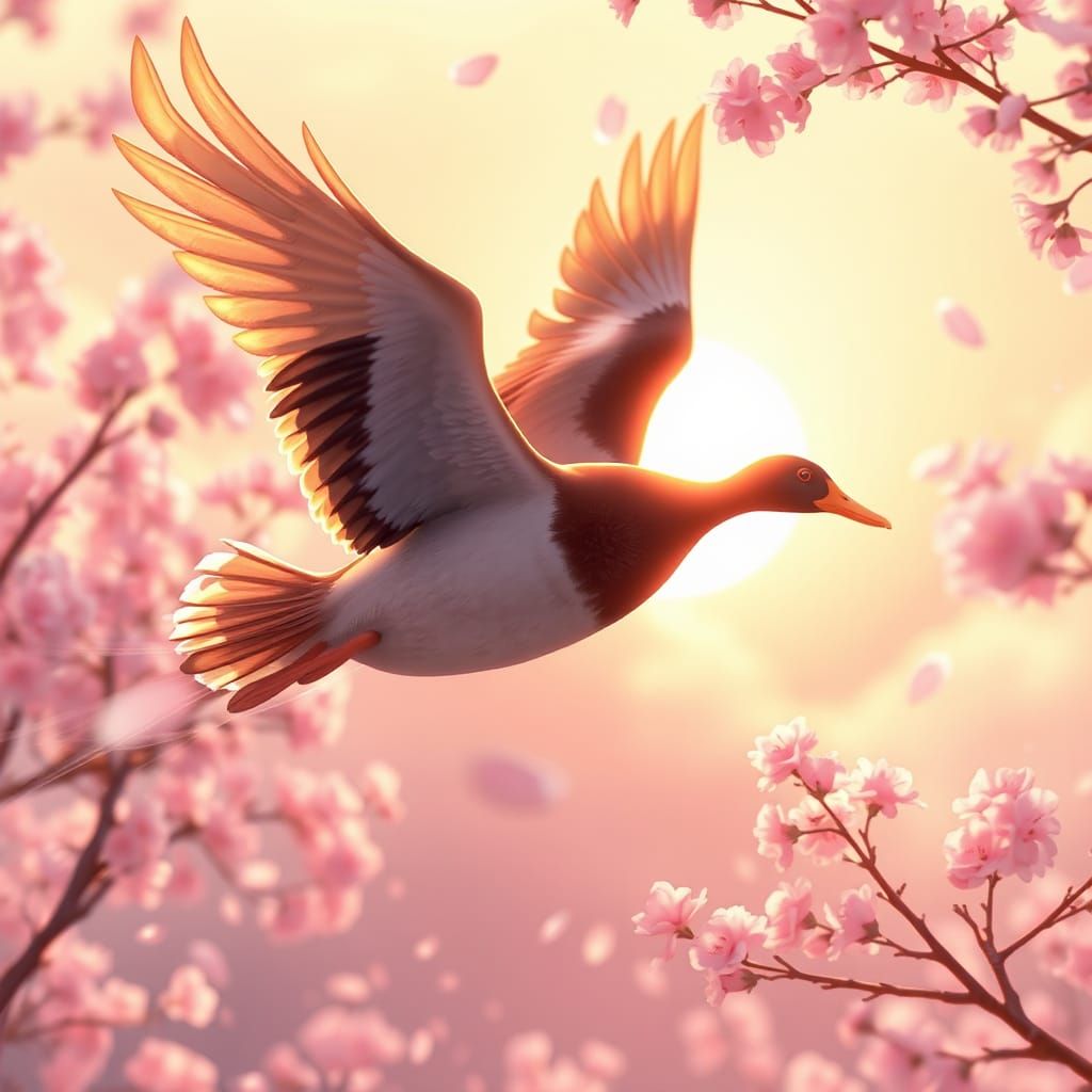 Duck Soaring Through Cherry Blossoms at Sunset