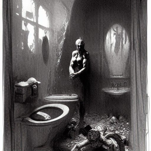 Surreal Toilet Scene in Engraving Style