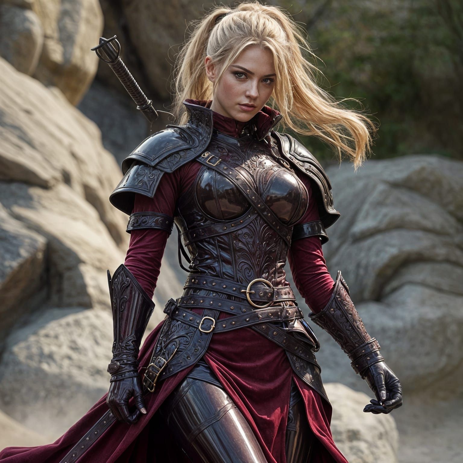 Beautiful Woman Warrior in Latex Armor Dress