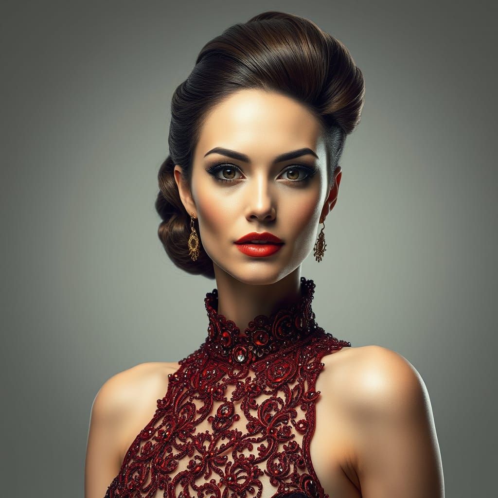Elegant Woman in High-Gloss Dress with Intricate Hair
