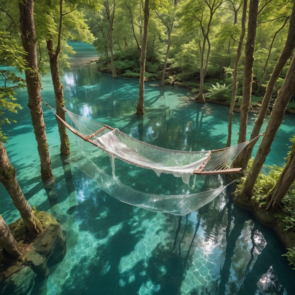 A captivating, surreal scene showcasing a transparent water hammock suspended gracefully in the air. Supported by two ma...