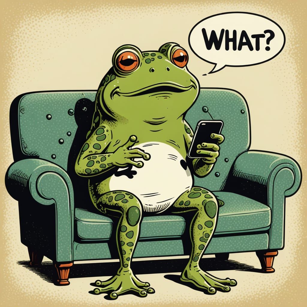Vintage Cartoon Frog Shocked by Smartphone