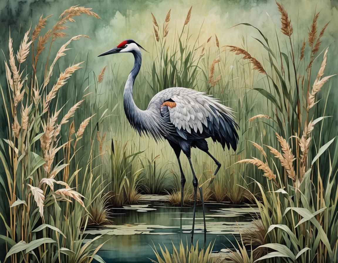 Crane in Grasses Mixed Media Collage