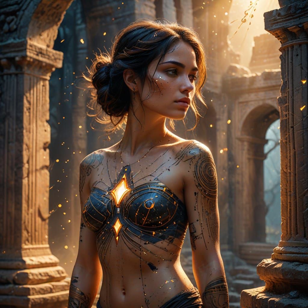 Woman With Glowing Constellation Tattoos in Ancient Ruins