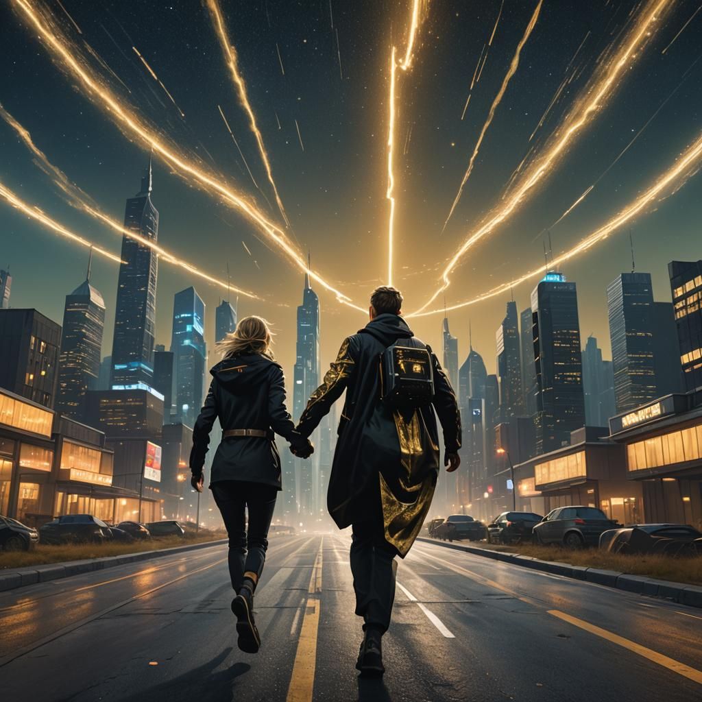 Futuristic Escape: Couple Under Starry Sky