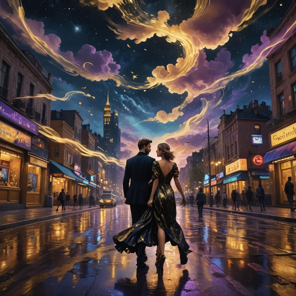 Couple Escapes City in Van Gogh Style