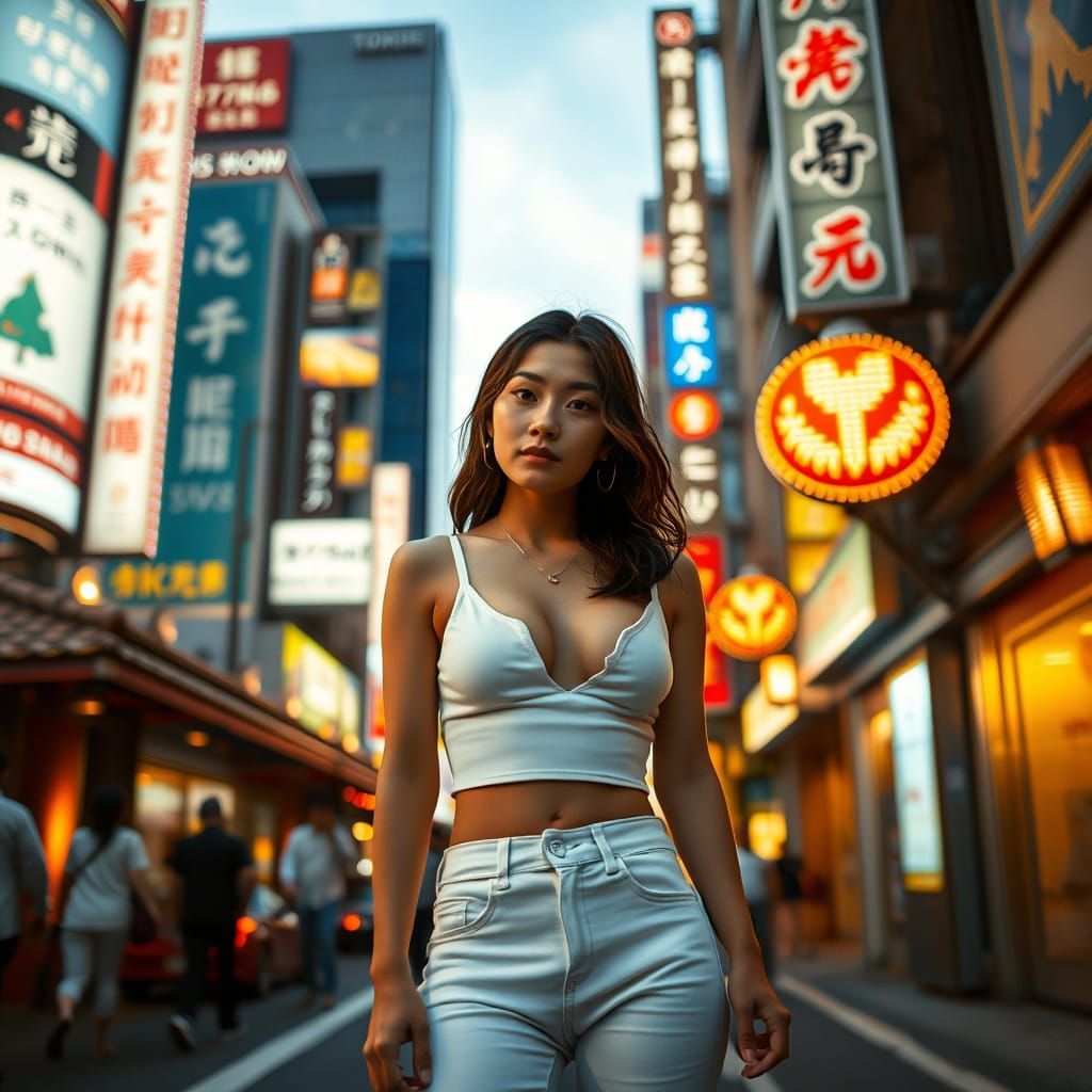 Tokyo Street Scene: Japanese Woman Amidst Neon Lights