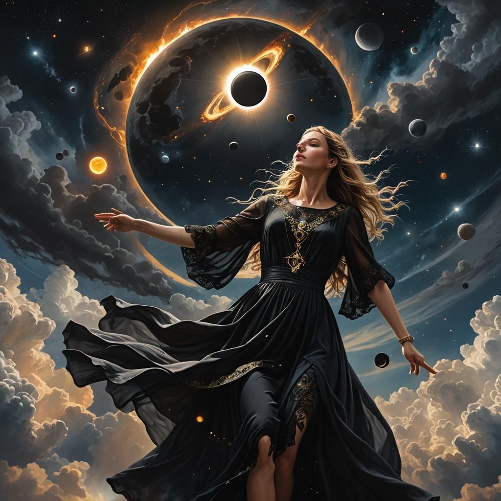 Woman Dancing in Solar Eclipse: Hyperrealistic Concept Art