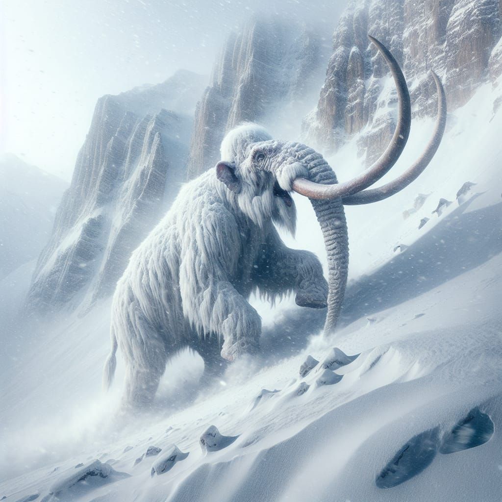 Majestic Albino Mastodon Conquers Snowy Alpine Terrain