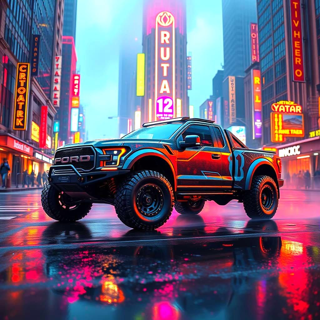 Cyberpunk Ford Raptor Drifting in Neon City