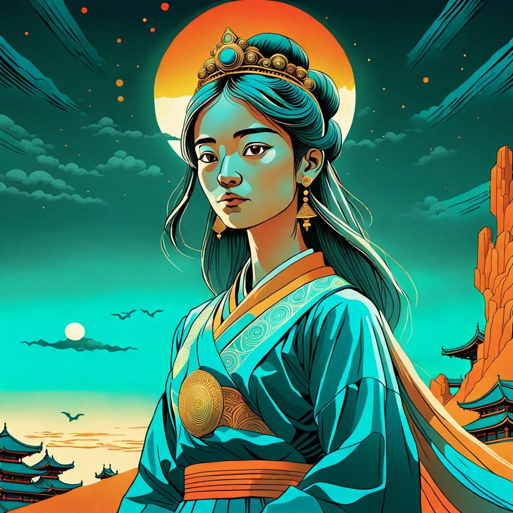 Peaceful Princess in Gond Style with Ukiyo-e Elements