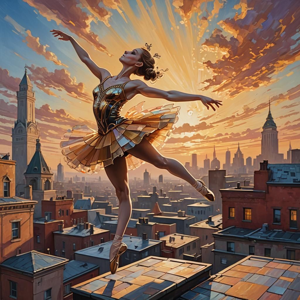 Ballerina on Rooftop at Sunset: Vibrant Oil Painting