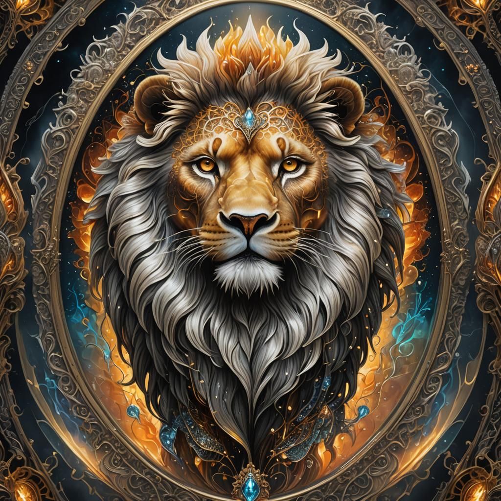 Lion with Fiery Wings in Glass Jar: Detailed Digital Art