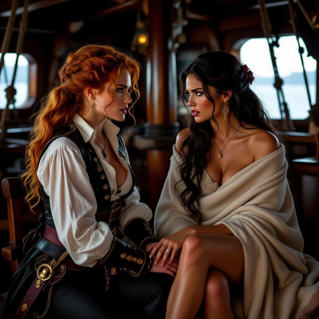 Smug Pirate Captain and Angry Noblewoman in Galleon Cabin