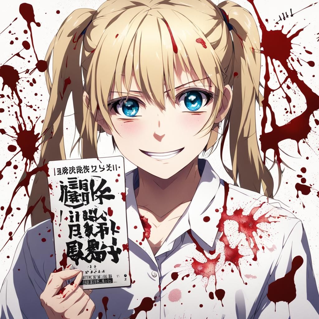 Anime Girl with Bloody Clothes Holding Mugshot Sign