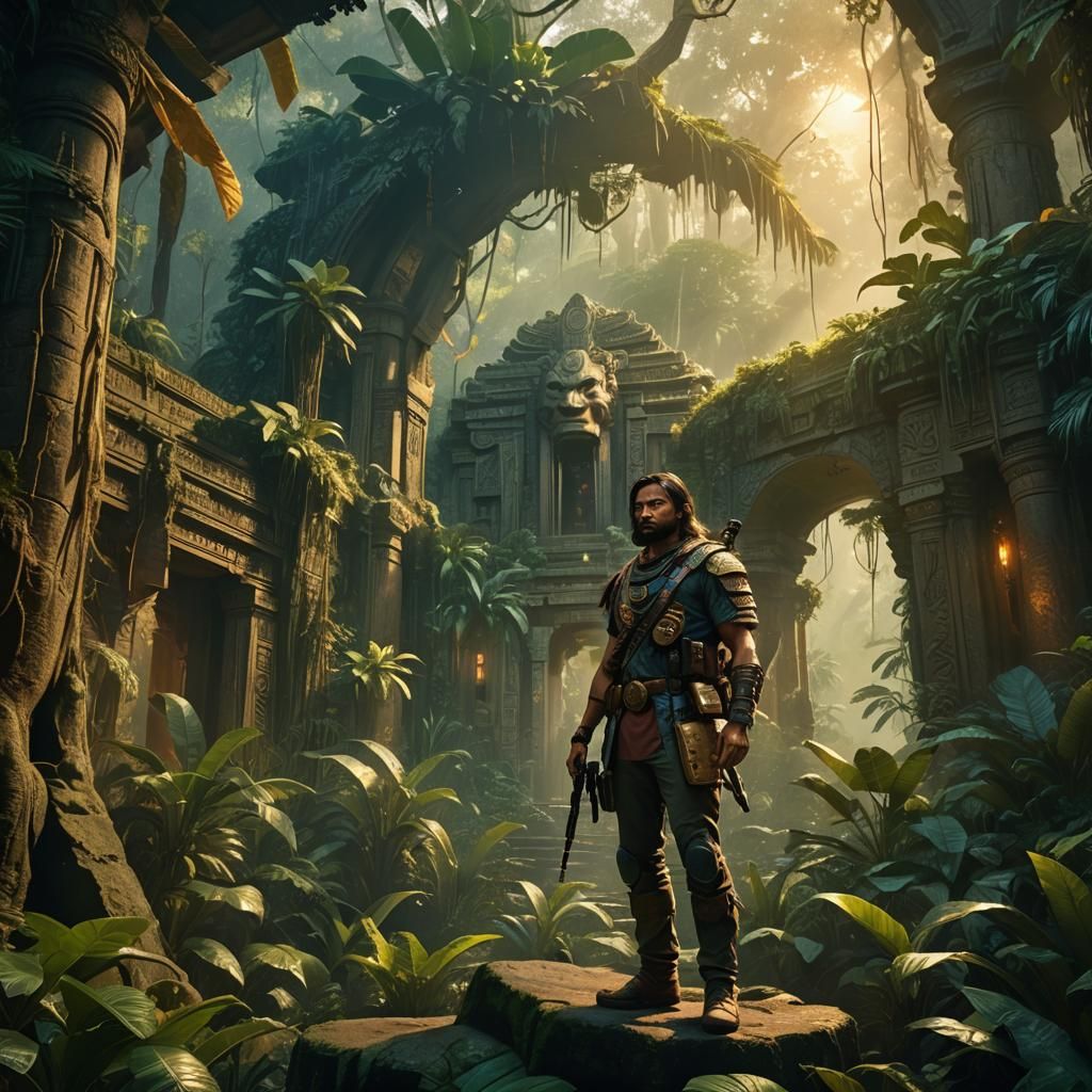 Heroic Jungle Warrior in Mystical Temple
