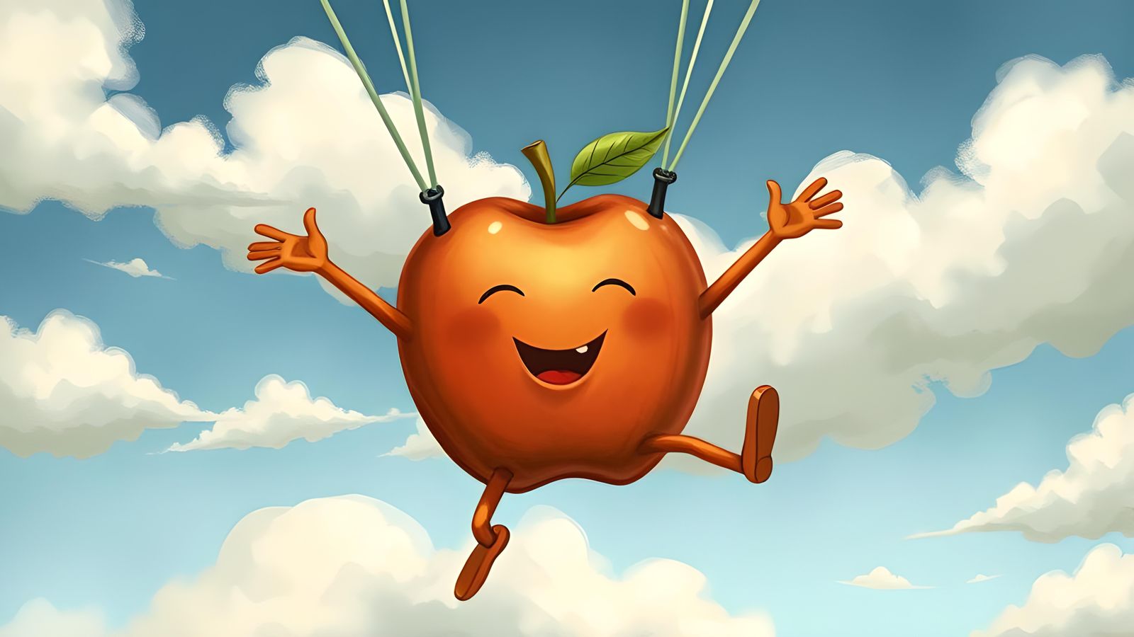 Skydiving Apple Character in Whimsical Illustration