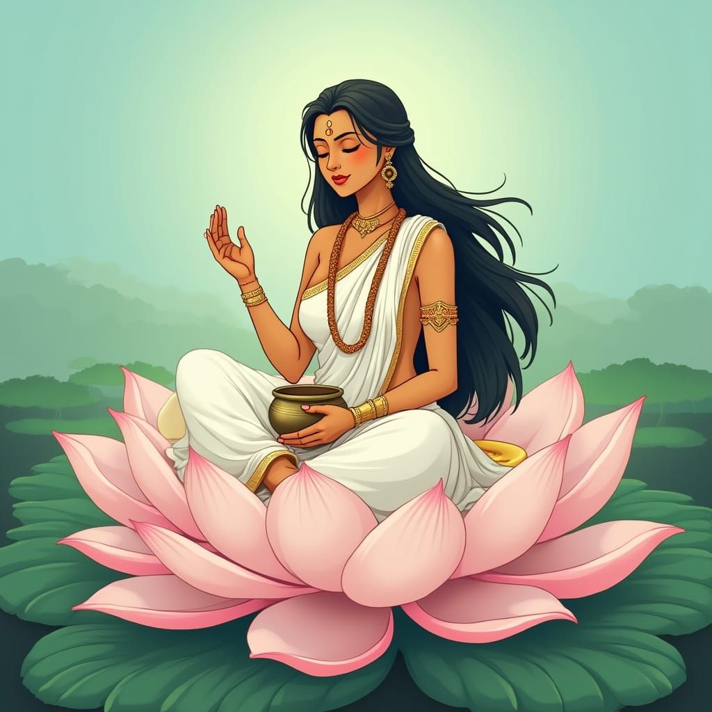 Ganga on Lotus: Anime-Style Hindu Goddess