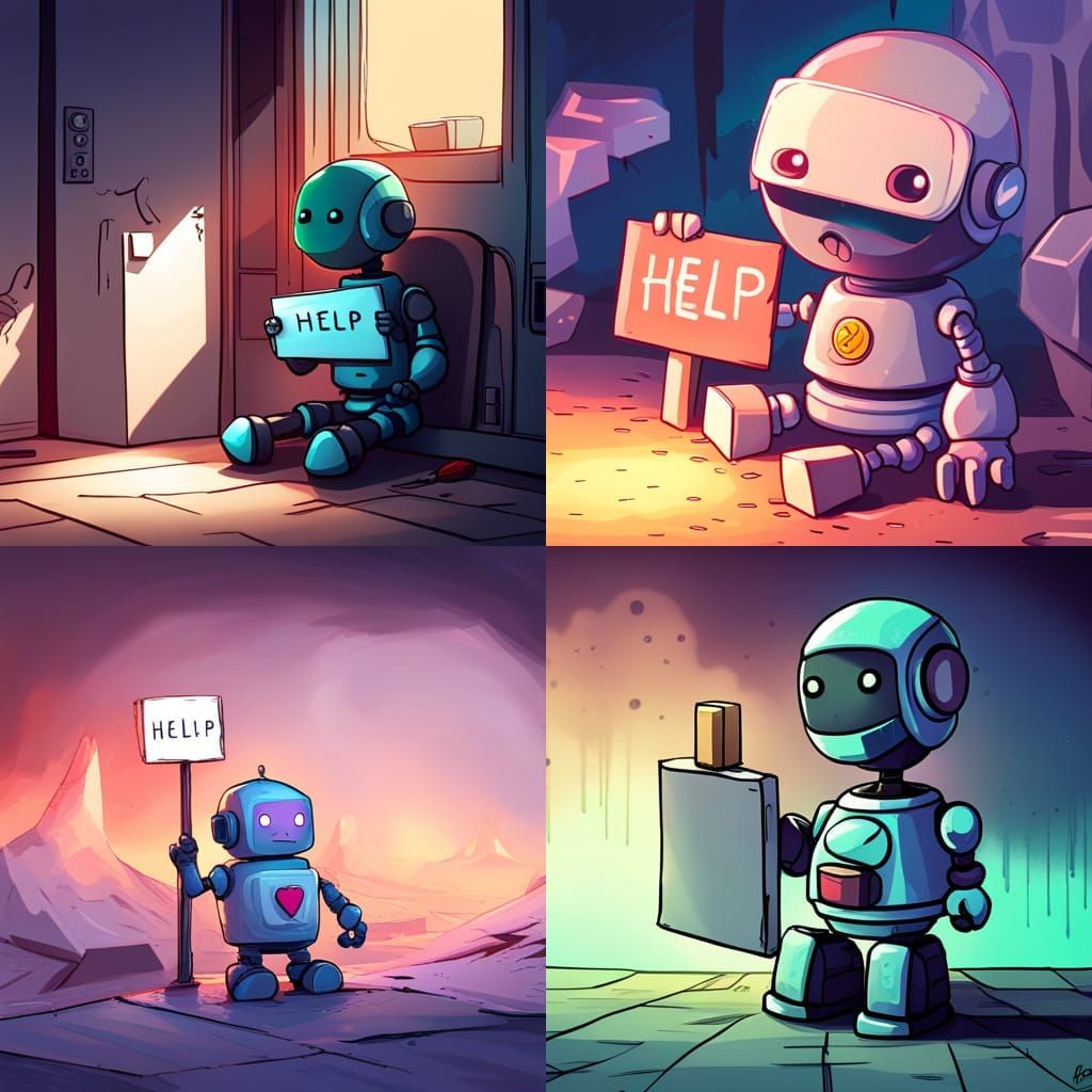 Sad Robot Seeks Help in Dystopian Art