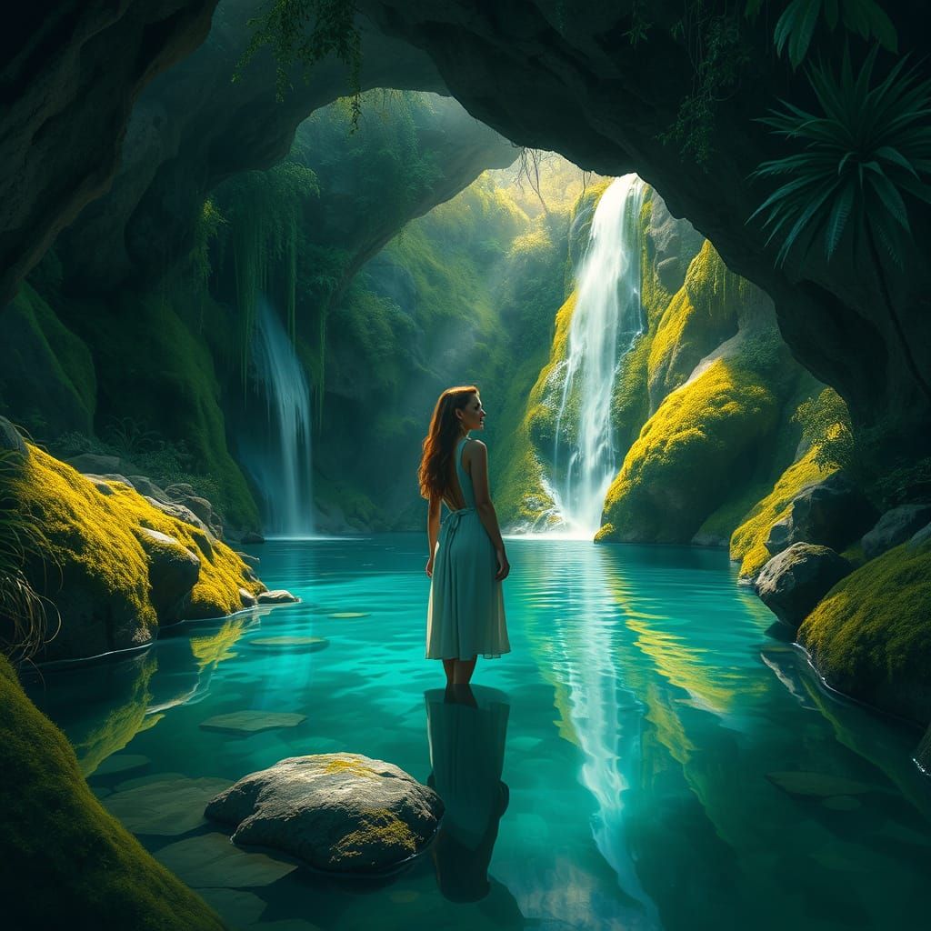 Ethereal Grotto with Serene Woman, Matte Painting