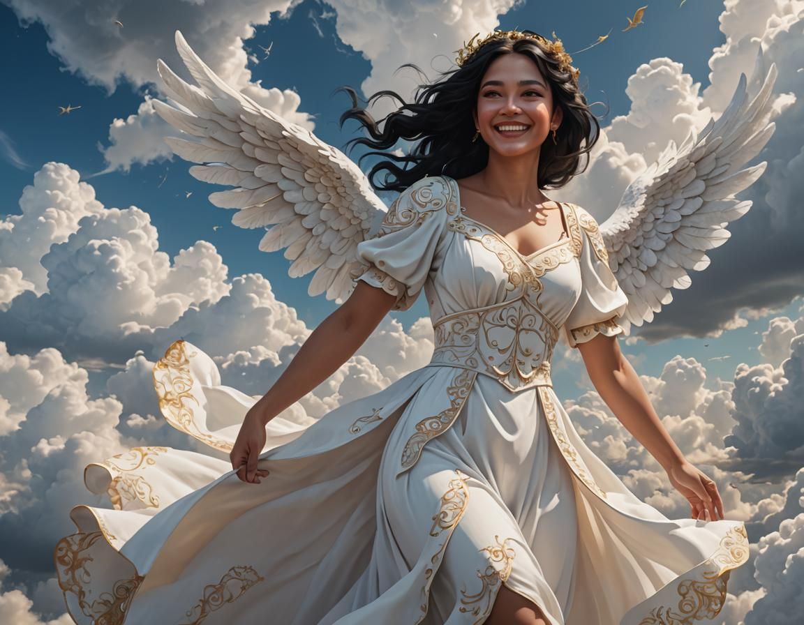 Smiling Angel in White Dress Over Clouds