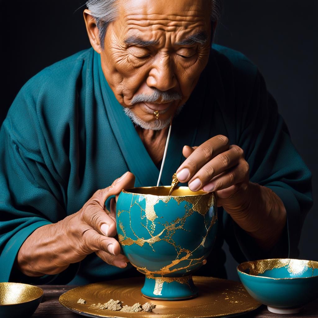 Kintsugi, the art of repairing broken pottery with lacquer mixed with gold, silver, or platinum.