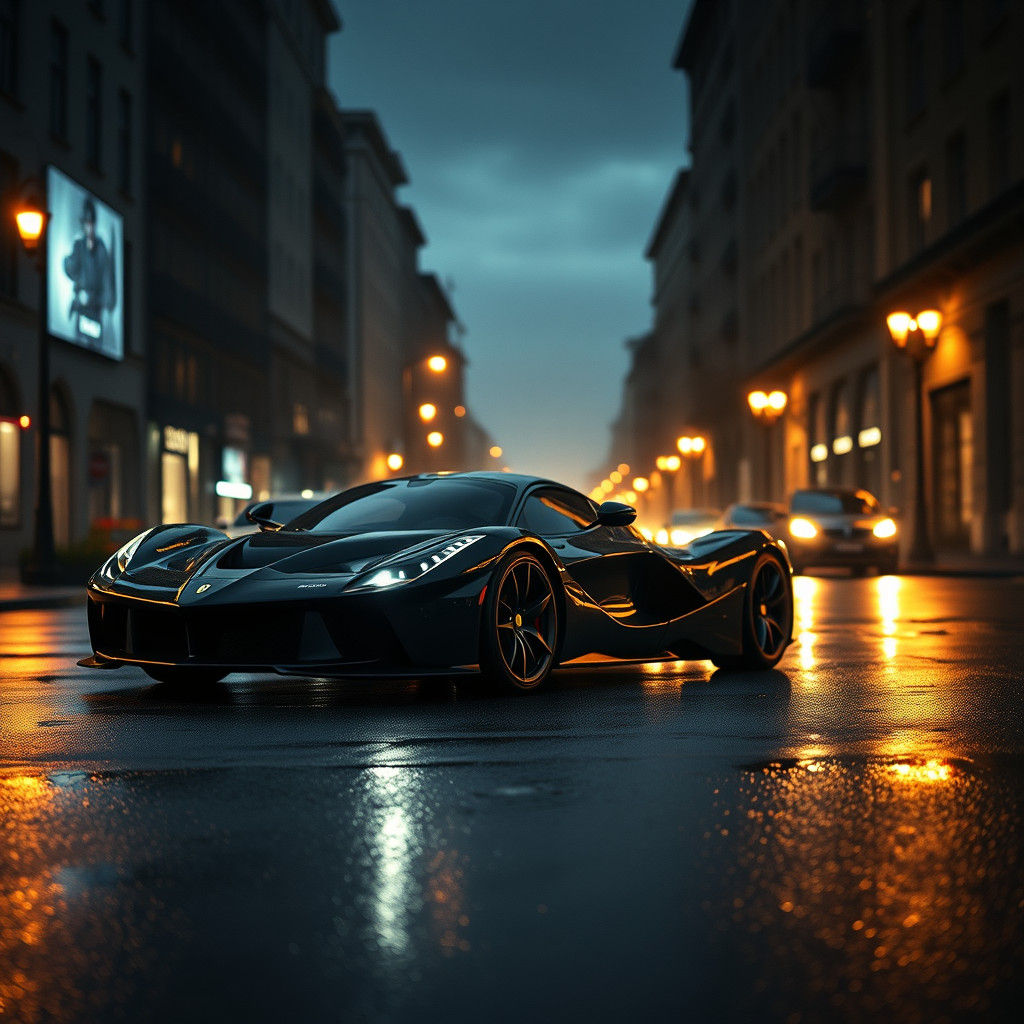 LaFerrari on Rain-Soaked Street in Cinematic Style