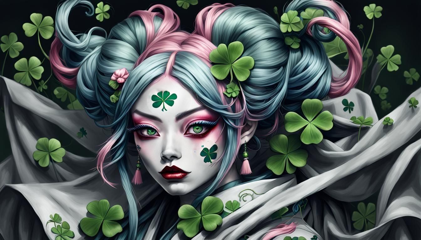 Grayscale Kabuki Woman in Clover Field, Graffiti Art