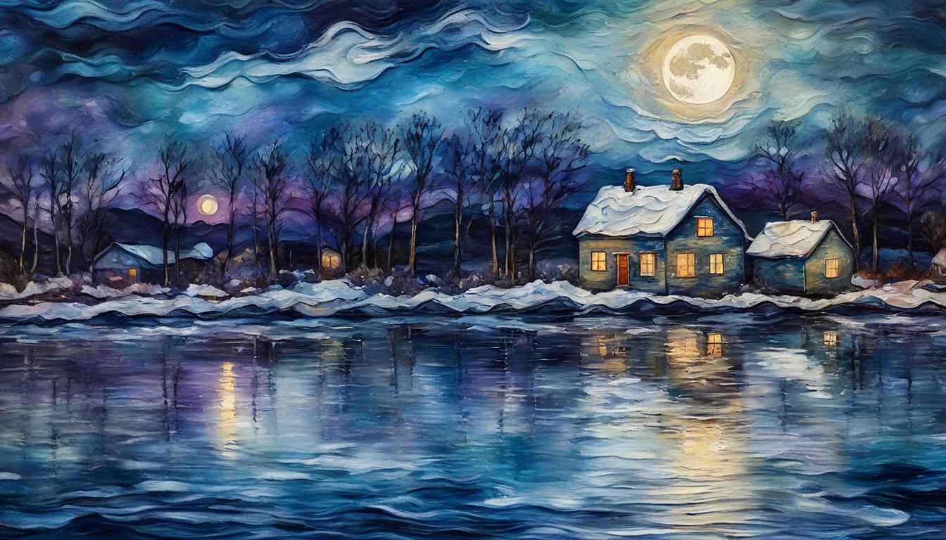 Winter Lake House in Impressionistic Encaustic Art