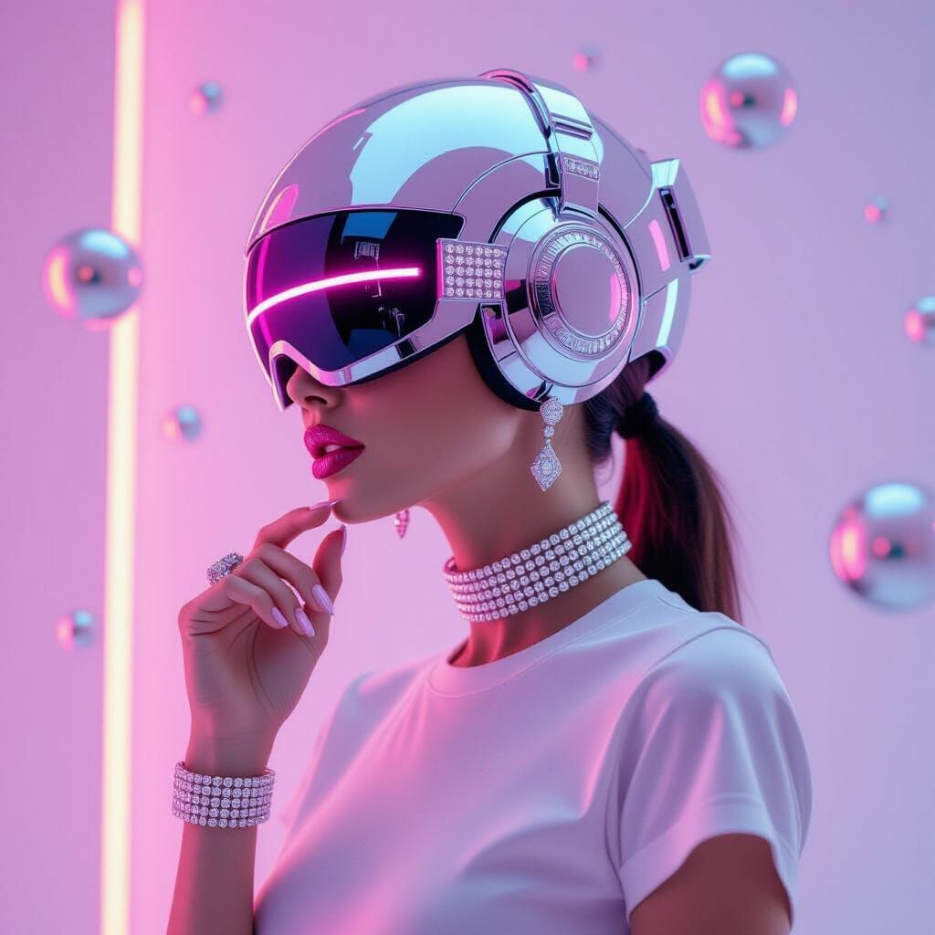 Cyberpunk Woman Adorned with Diamonds in Futuristic Setting