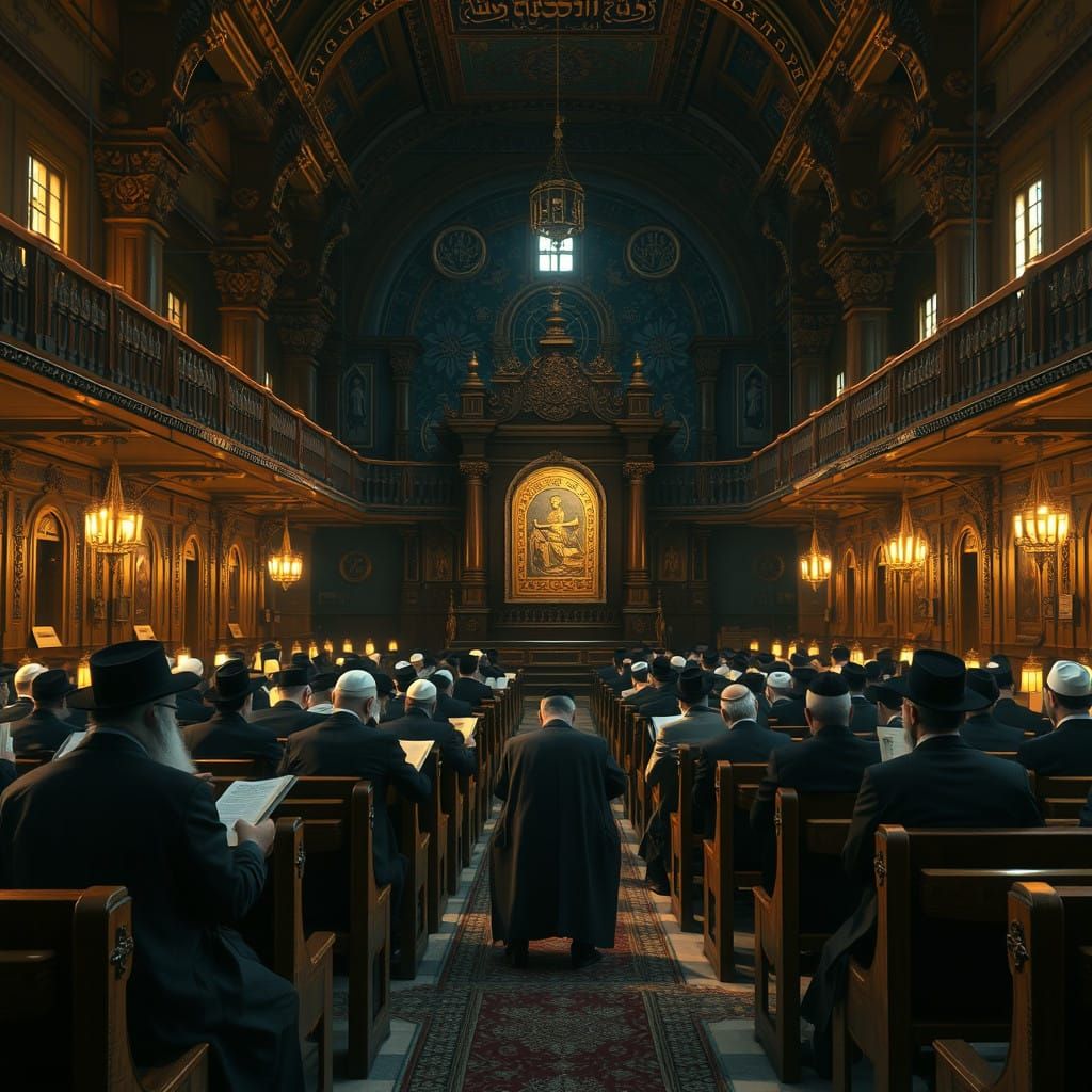 Traditional Haredi Synagogue Filled with Men Studying in War...