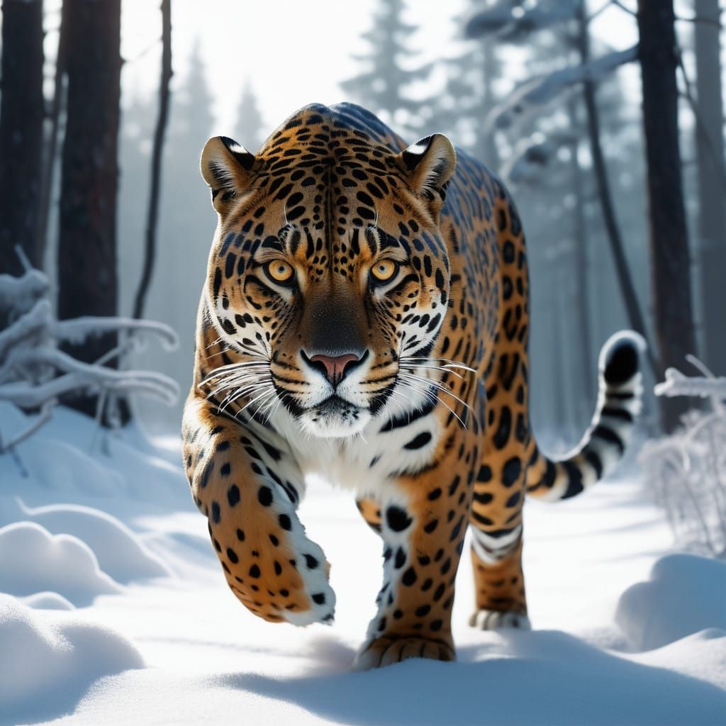 Epic Jaguar Leaps Through Winter Forest in Cinematic Style