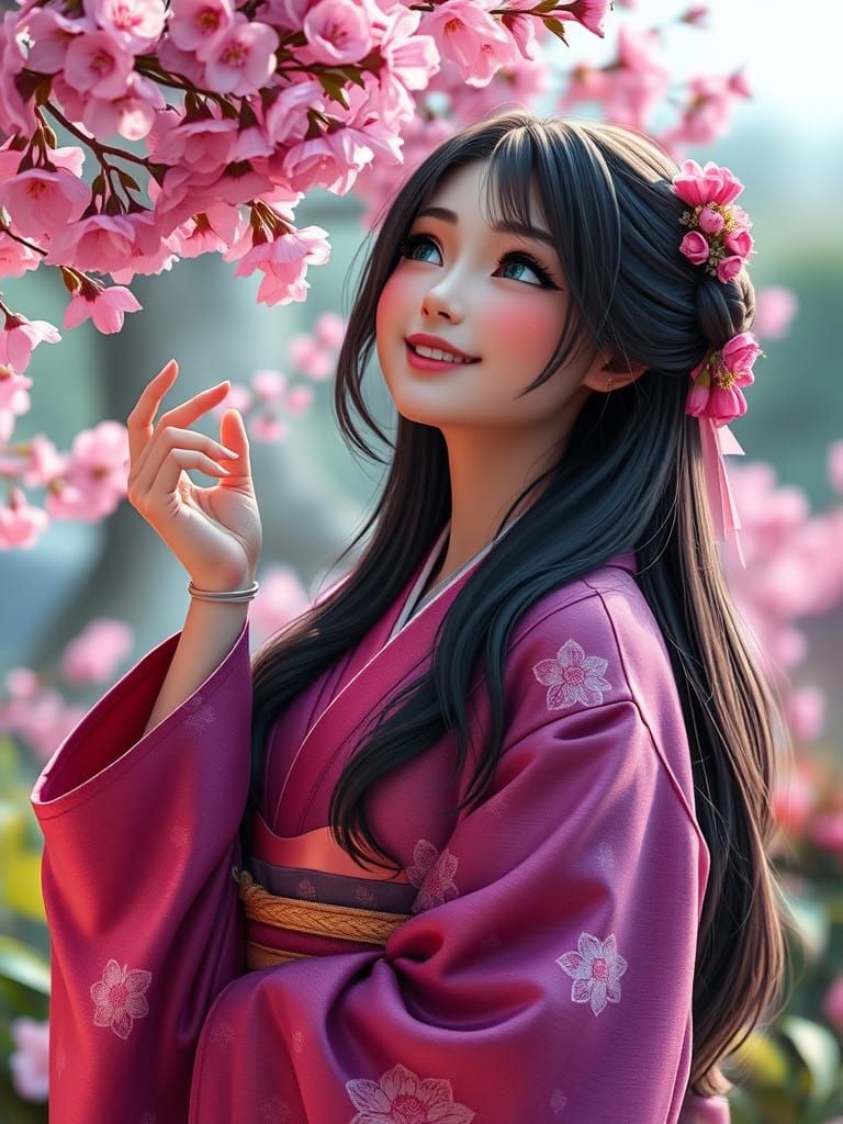 Japanese Princess Under Cherry Blossoms in a Vibrant Fantasy...
