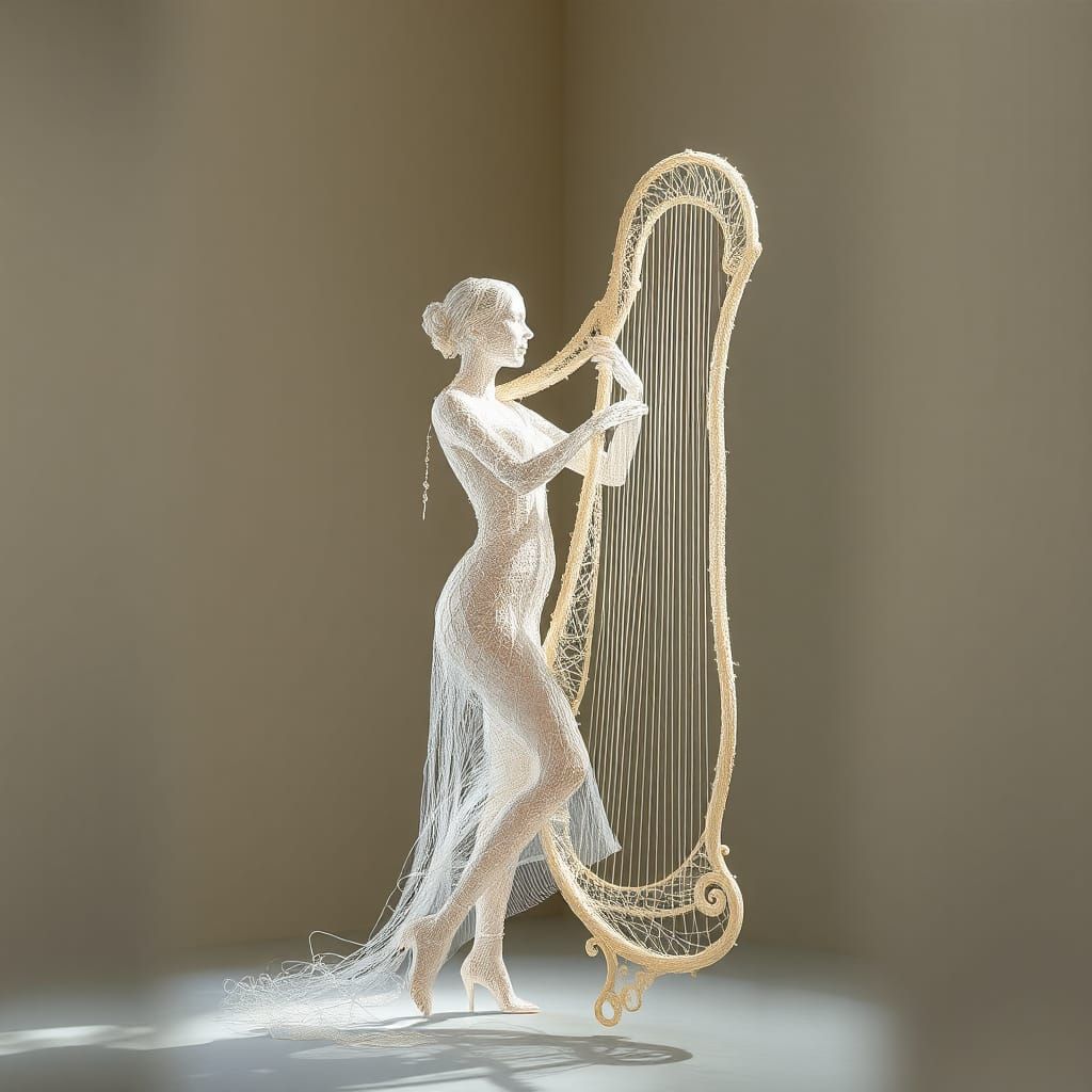 Ethereal String Woman Plays Harp