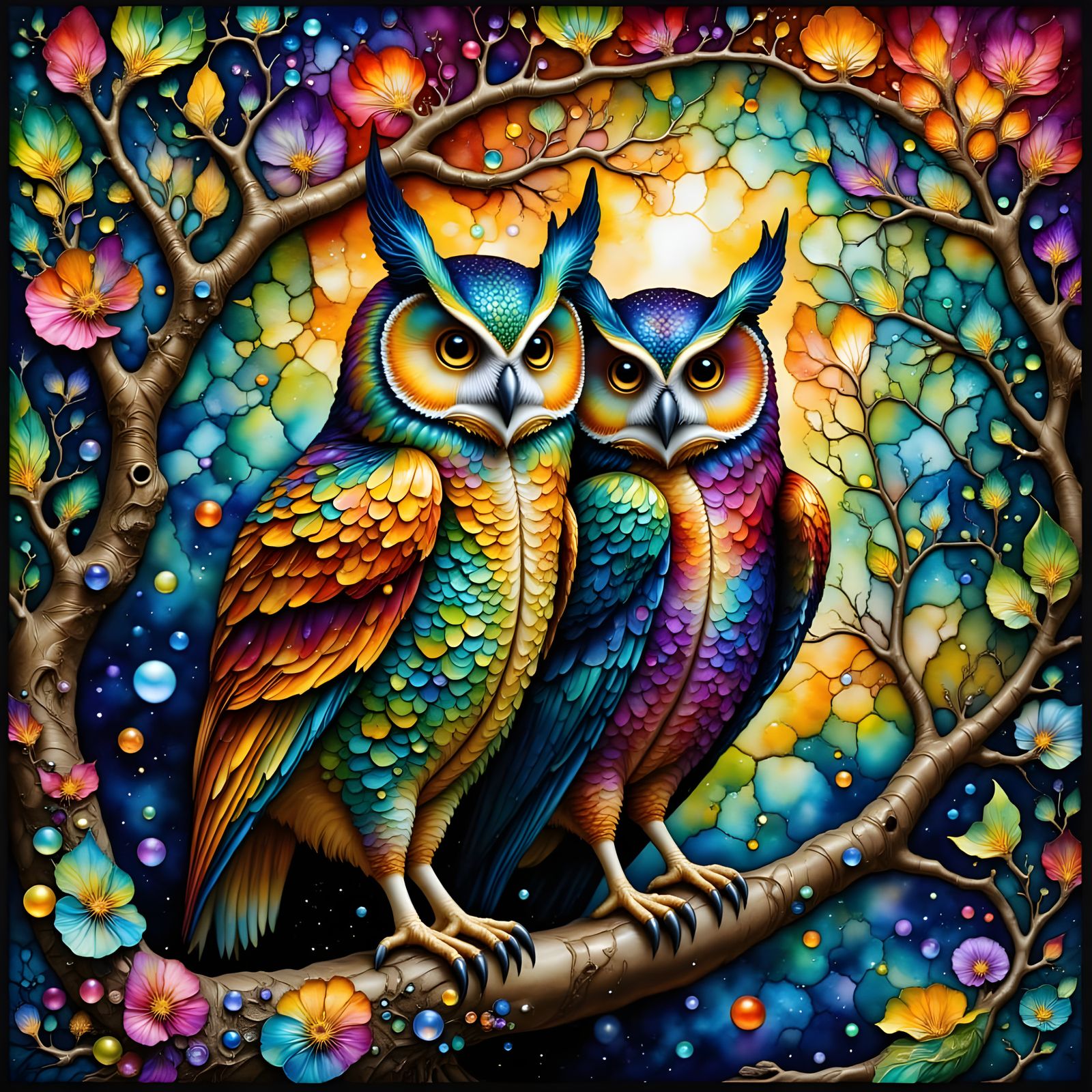 Surreal Neo-Expressionist Scene with Owls in a Vibrant Stain...