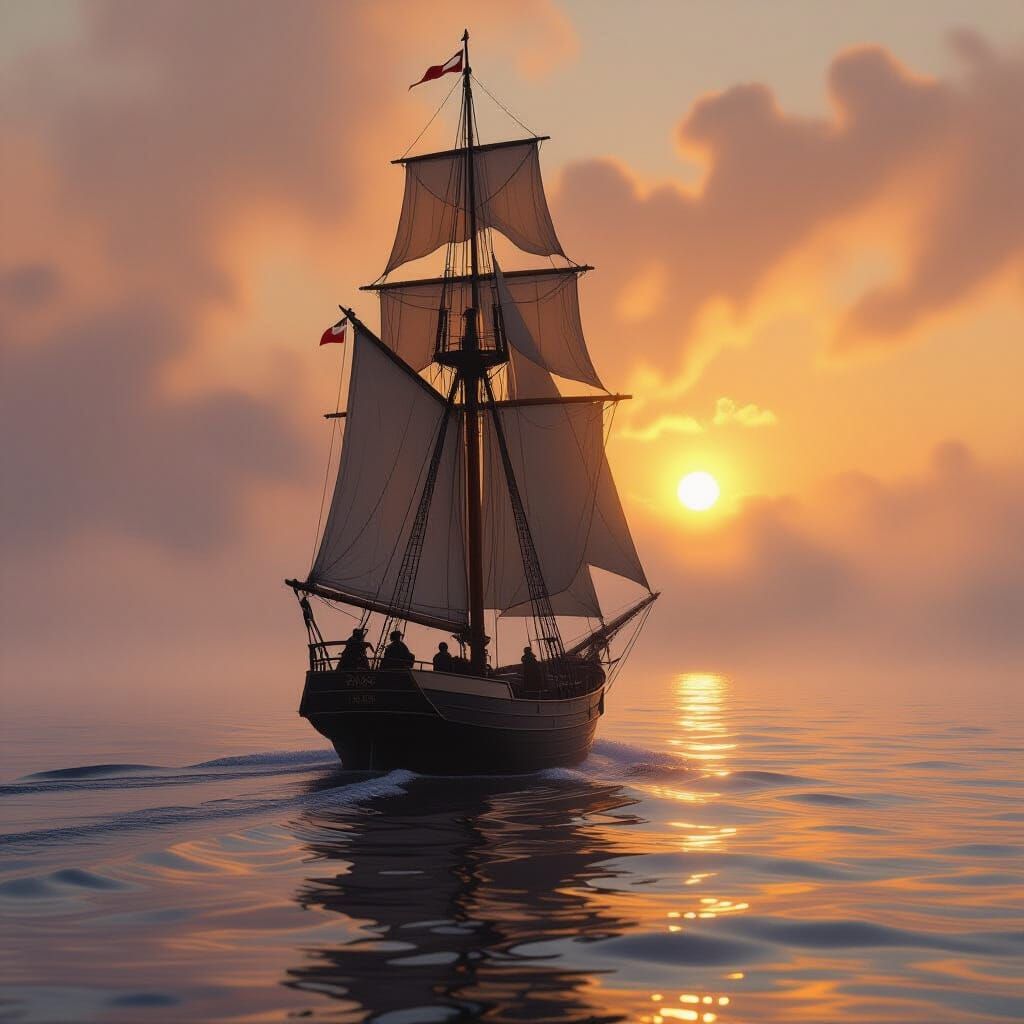Majestic Sailing Ship at Sunrise in Ethereal Mist