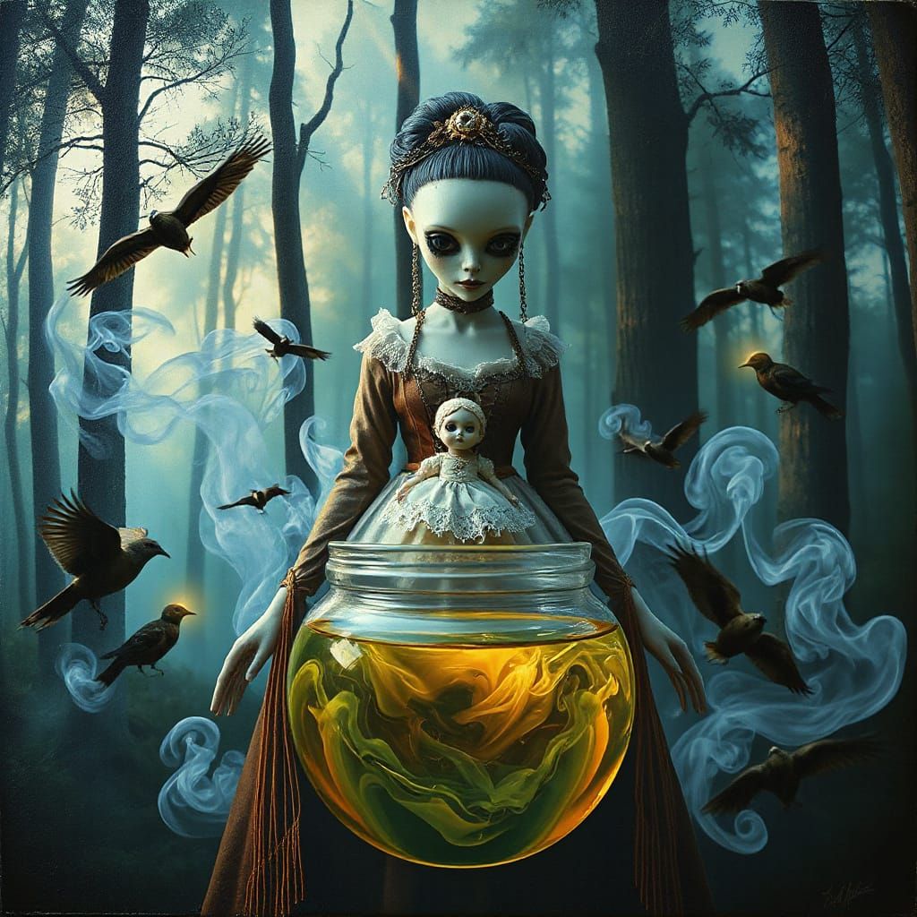 Magical Swirling Potion with Alien Brewmaster in Nordic Fore...