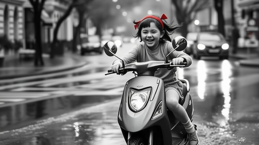 Girl Rides Scooter Through Rain, Red Hairband Pops