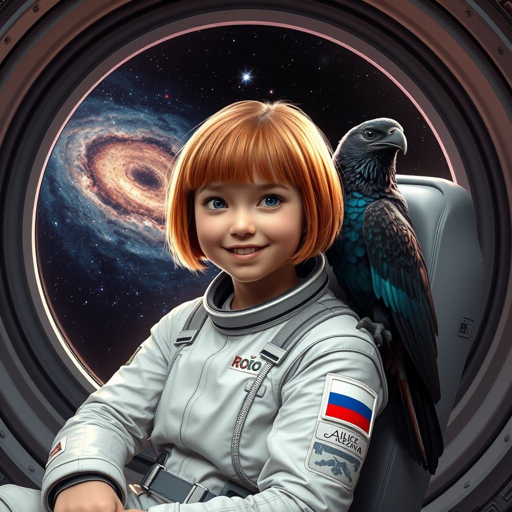Space Age Girl with Raven in Astronaut's Chair