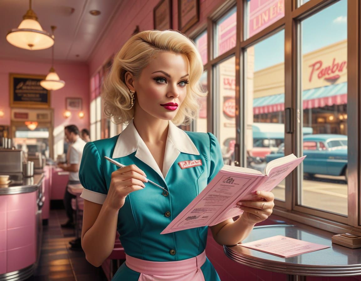 Pamela Anderson as a Diner Waitress in Elegant Art Deco Styl...
