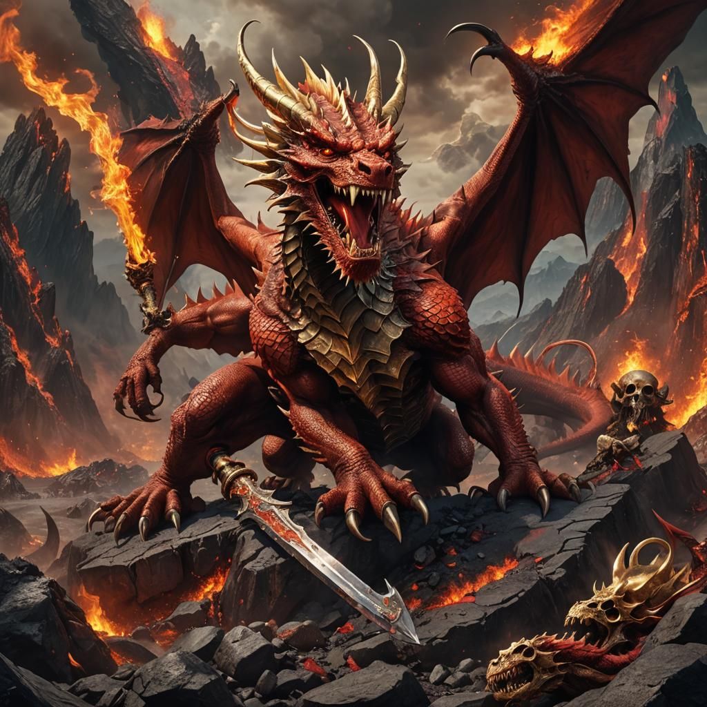 Red Dragon with Flaming Sword: Fantasy Art