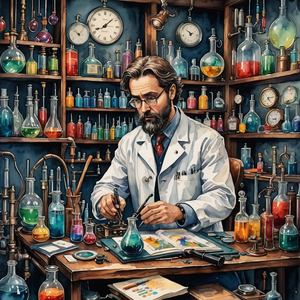Mysterious Scientist in Vibrant Watercolor Laboratory
