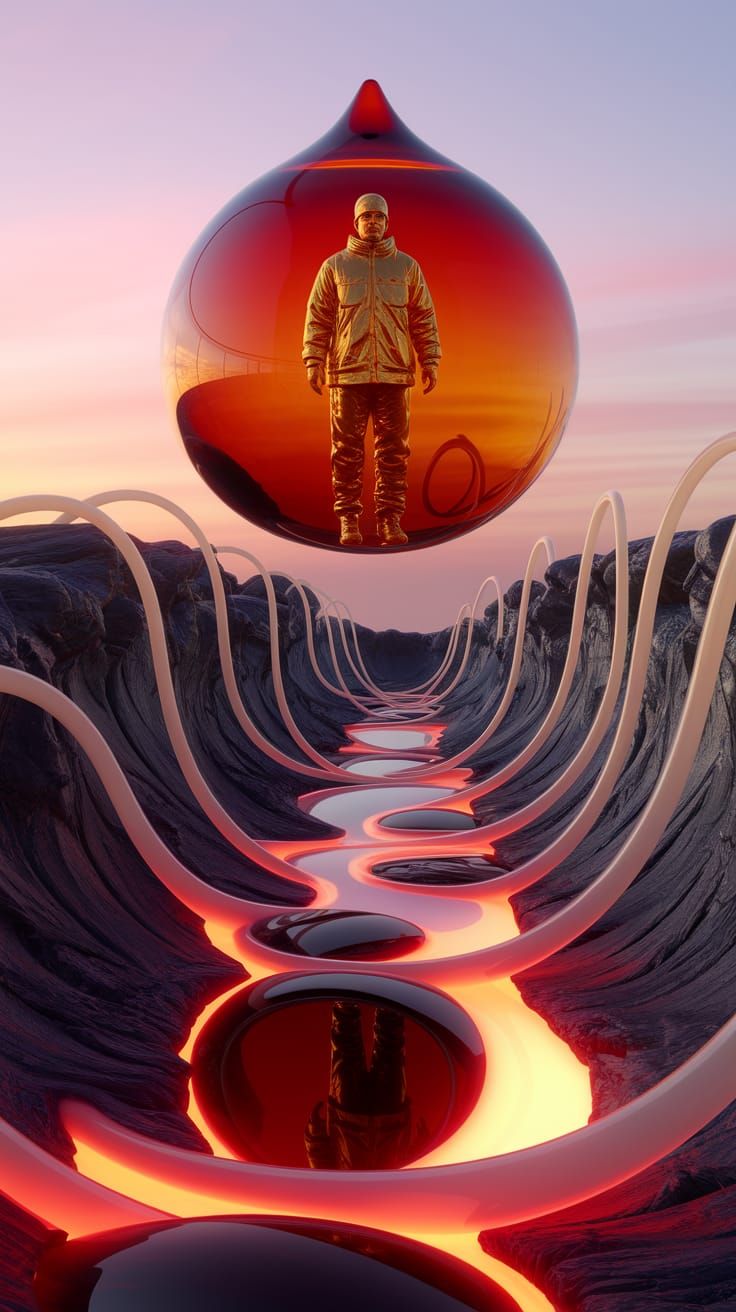 Phosphorescent Honey Fireman in Amber Droplet, Optical Surre...