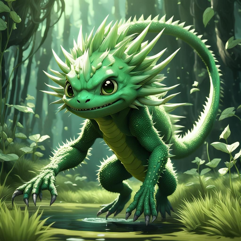 Green Floating Creature in 3D Anime Style