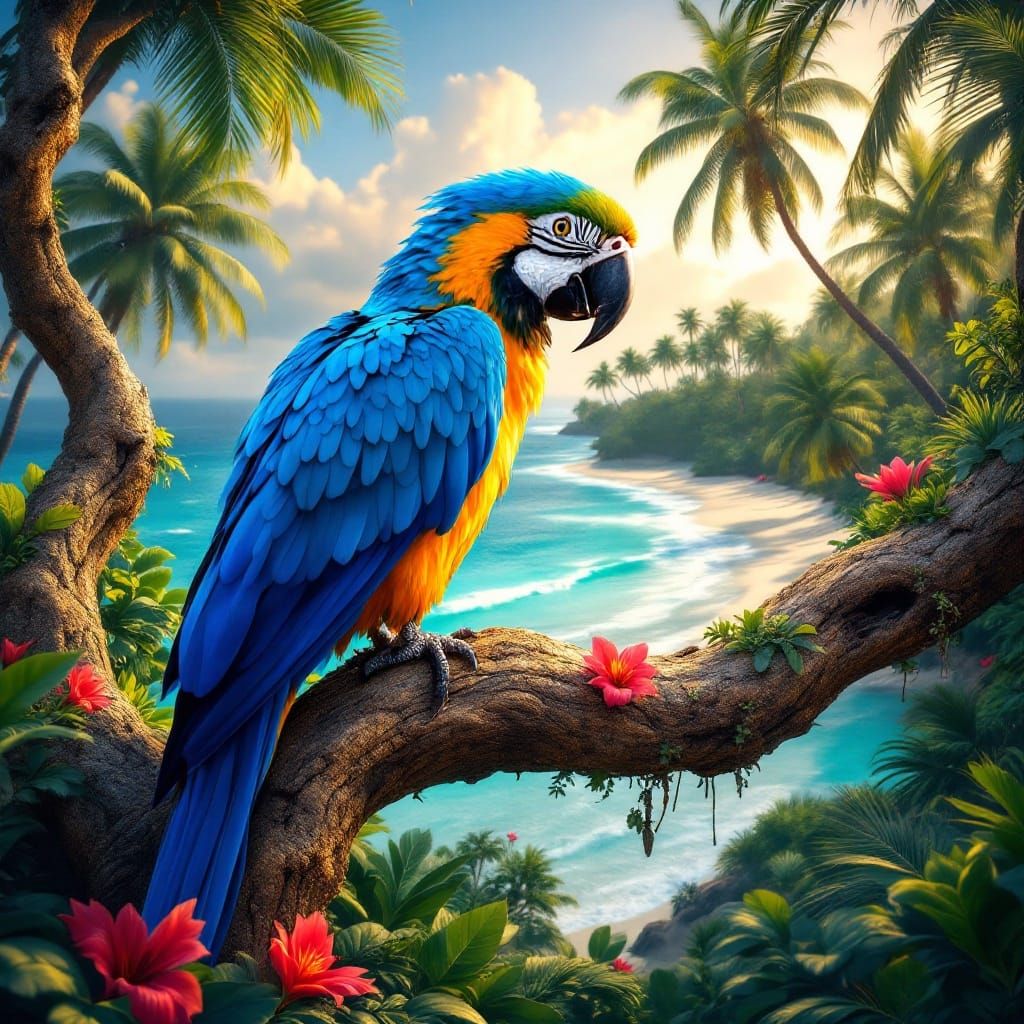 Macaw Overlooking Tropical Beach in Dreamlike Style